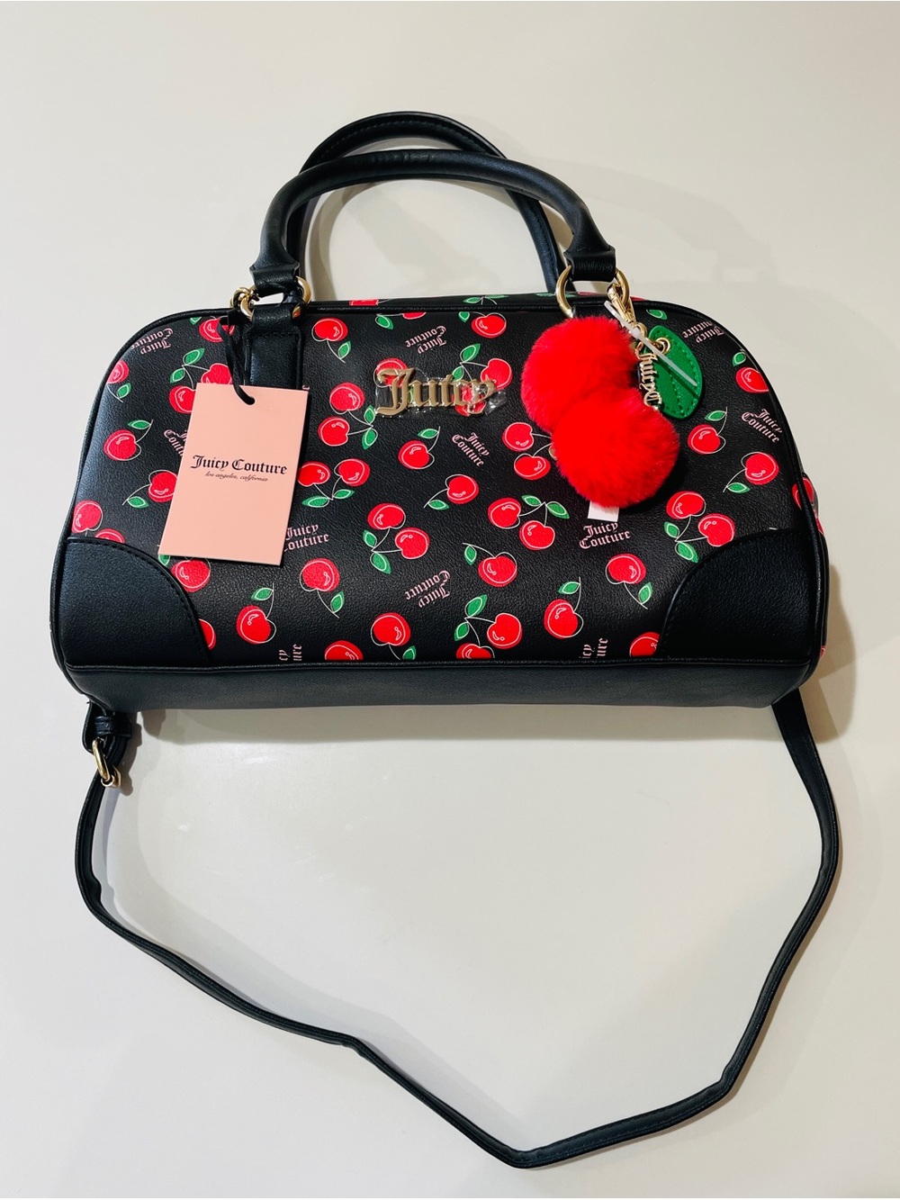 Juicy Couture Black & Red Cherry Girl Satchel with Red Pom Charm